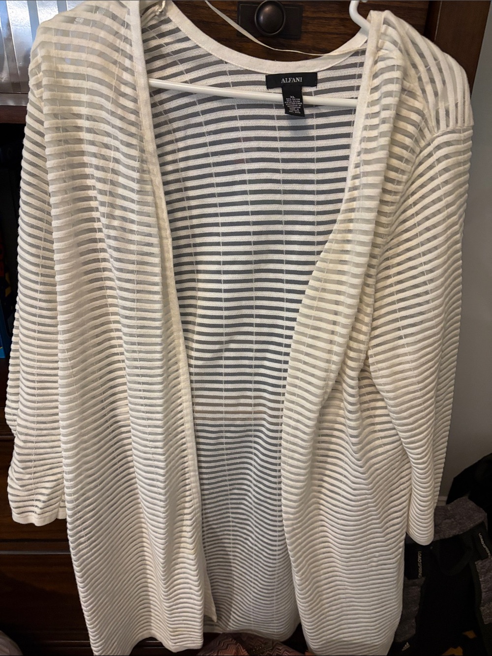 Alfani Cream Striped Open-Front Cardigan